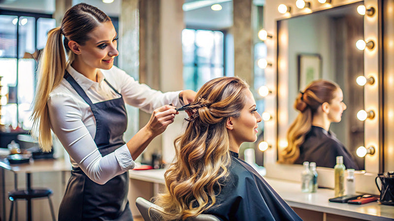 Un salon de beauté moderne et convivial, avec une ambiance lumineuse, des clients satisfaits, et des promotions attractives en vitrine.