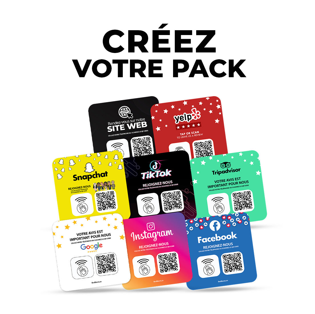 Plaques NFC et QR Code personnalisées pour réseaux sociaux et sites web, y compris Snapchat, TikTok, Instagram, Facebook, Google, Yelp, TripAdvisor. Créez votre pack Barakom. Fond blanc avec logos et codes QR de différentes couleurs.