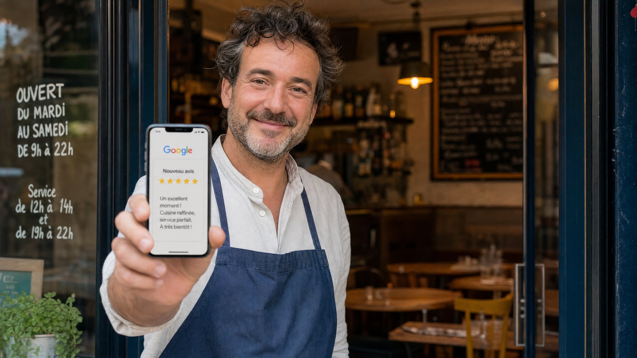 Restaurateur français montrant un avis Google 5 étoiles sur son smartphone devant son bistro