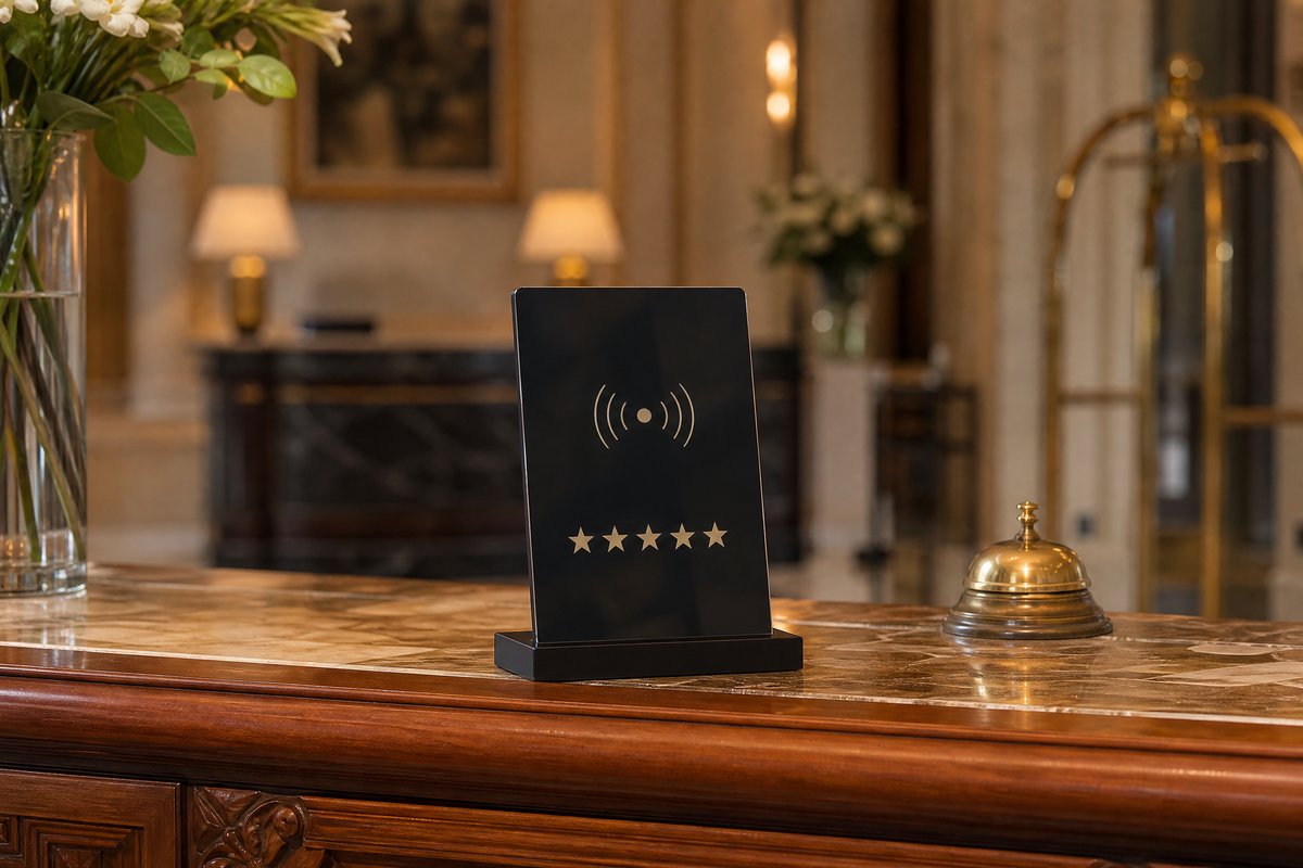 Plaque NFC avis Google Booking TripAdvisor pour hôtel et gîte — Barakom