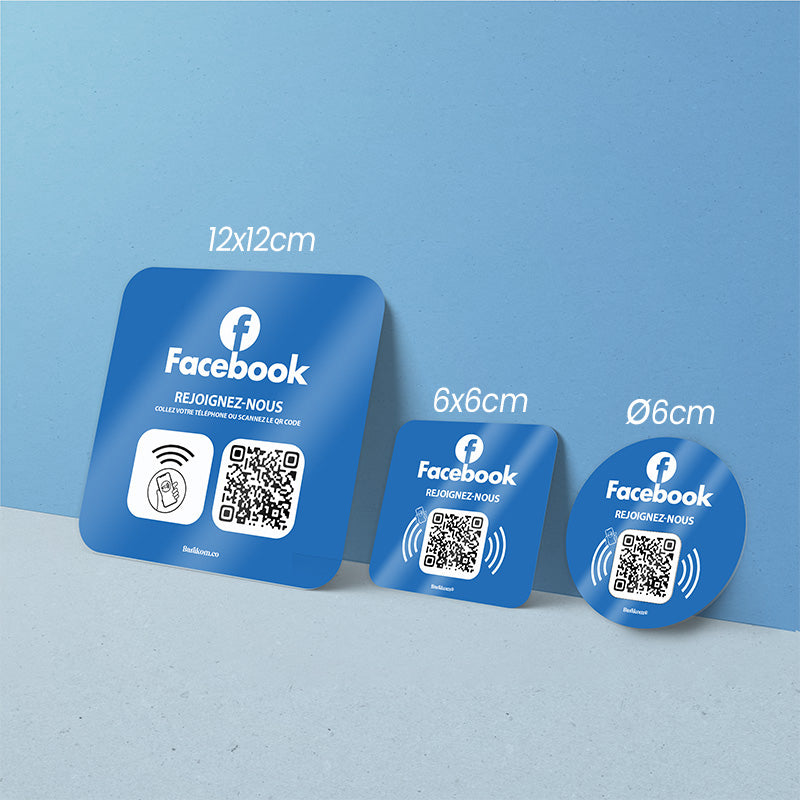 3 formats de Plaques adhesives FACEBOOK V3 couleur bleu NFC QR CODE