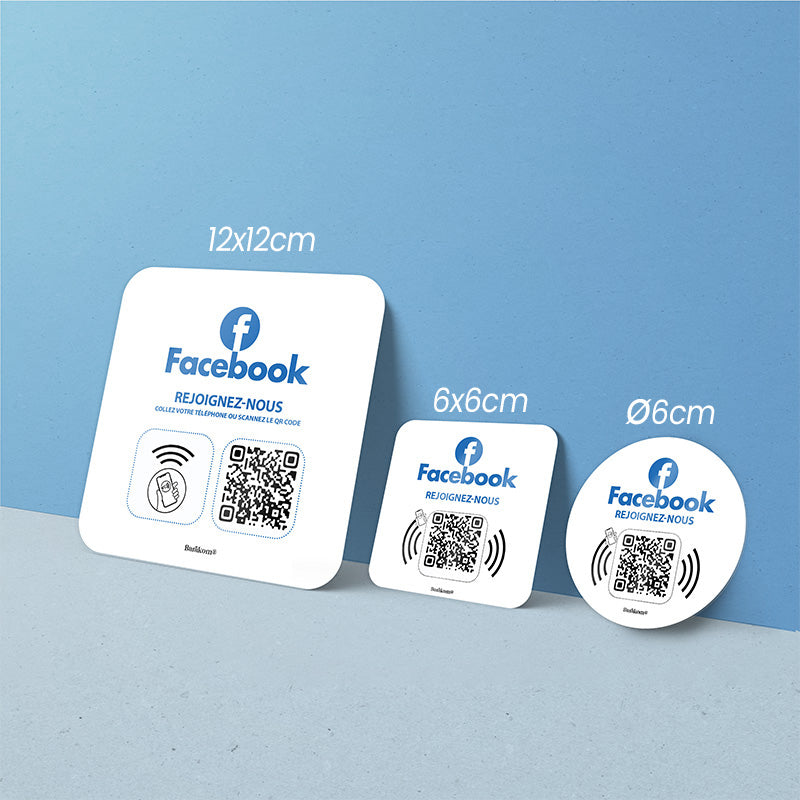 3 formats de Plaques adhesives FACEBOOK couleur blanc NFC QR Code 