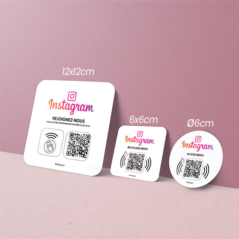 3 formats de Plaques adhesives INSTAGRAM couleur blanc NFC QR Code 