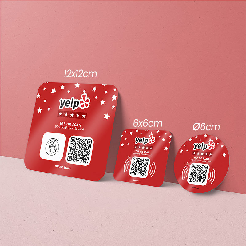 3 formats de Plaques adhesives YELP couleur rouge NFC QR CODE
