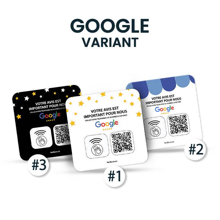Ensemble de trois plaques adhésives avec NFC et QR code pour les avis Google. Chaque plaque a un design différent : fond noir étoilé, fond blanc avec étoiles jaunes, et fond bleu à motifs. Elles invitent les utilisateurs à laisser un avis en scannant le QR code ou en utilisant NFC.