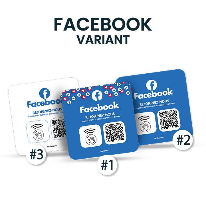 Trois plaques adhésives NFC et QR pour Facebook, disponibles en plusieurs formats. Chaque plaque porte le logo Facebook avec l'instruction 'Rejoignez-nous', et inclut des icônes pour la fonctionnalité NFC ainsi qu'un code QR. Les variantes sont dans des tons de bleu et blanc avec des motifs décoratifs.