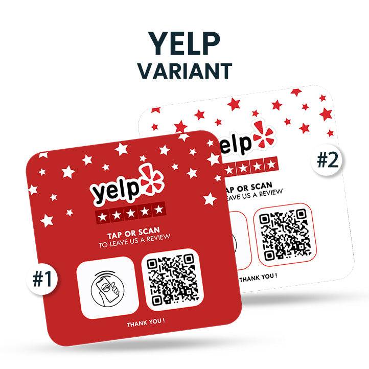 Deux plaques NFC et QR adhésives de marque Yelp, disponibles en deux variantes de couleur, rouge et blanc, ornées d'étoiles rouges. Chaque plaque comporte un QR code pour laisser un avis, avec la mention 'Tap or Scan to leave us a review'. Conçues pour être utilisées dans des contextes de réseaux sociaux.
