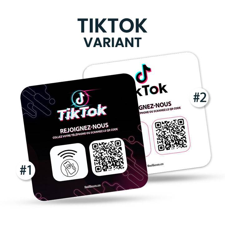 Plaques adhésives NFC et QR code pour TikTok, variantes carrées, avec design moderne et instructions pour rejoindre le réseau social.