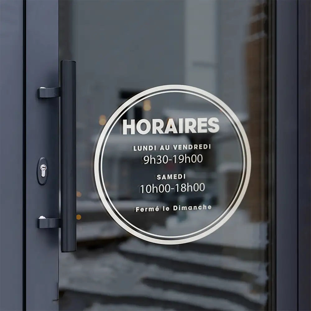 Autocollant horaires vitrine – Modèle rond élégant