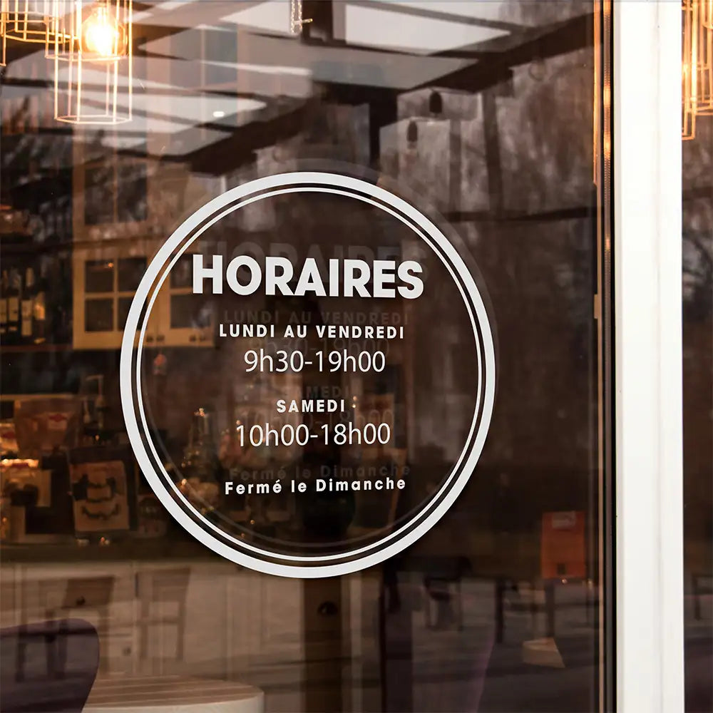 Autocollant horaires vitrine – Modèle rond élégant