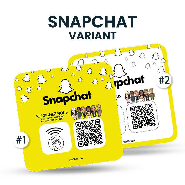 Plaques NFC et QR pour Snapchat avec images animées et codes QR, affichant les variantes de conception jaune et blanche avec le logo Snapchat, destinées à la connectivité des réseaux sociaux.